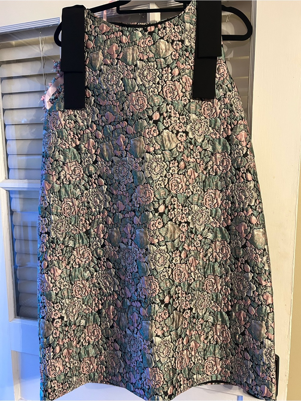 Abbey Glass Sleeveless Asymmetrical Floral Jacquard Dress in Pink & Mint